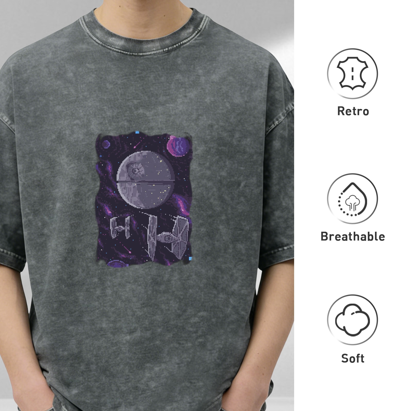 Star Wars themed pixel wind Death Star TIE fighter print old washed black loose short-sleeved T-shirt