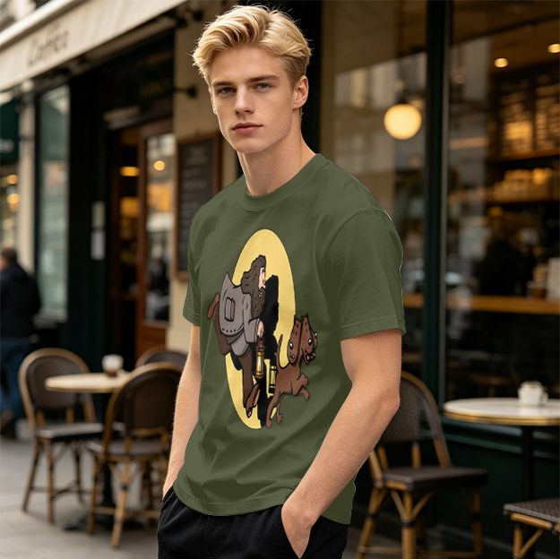 Olive T-Shirt With Cartoon Man And Dog Running Graphic