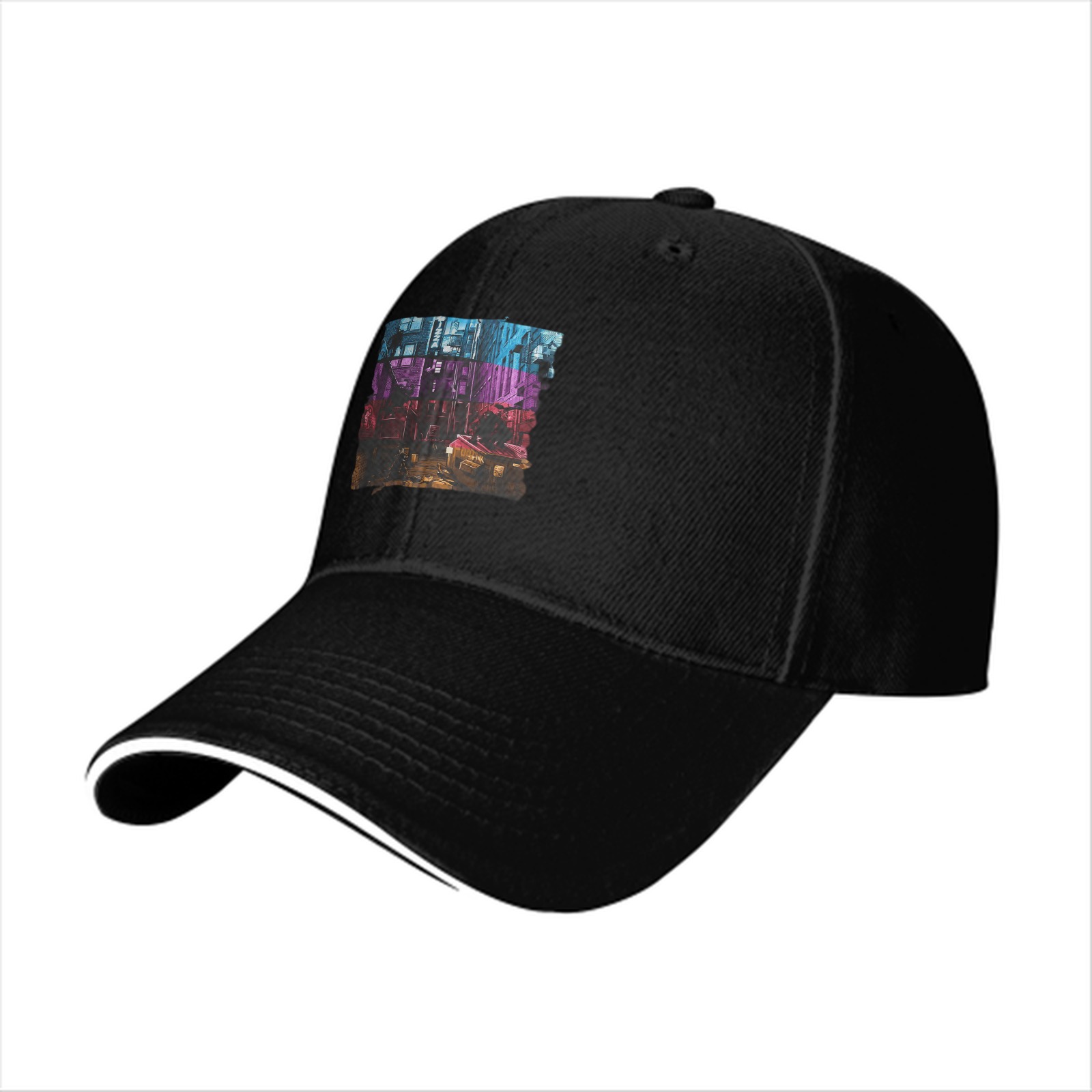 Black Baseball Cap with Neon Cyberpunk Cityscape Graphic