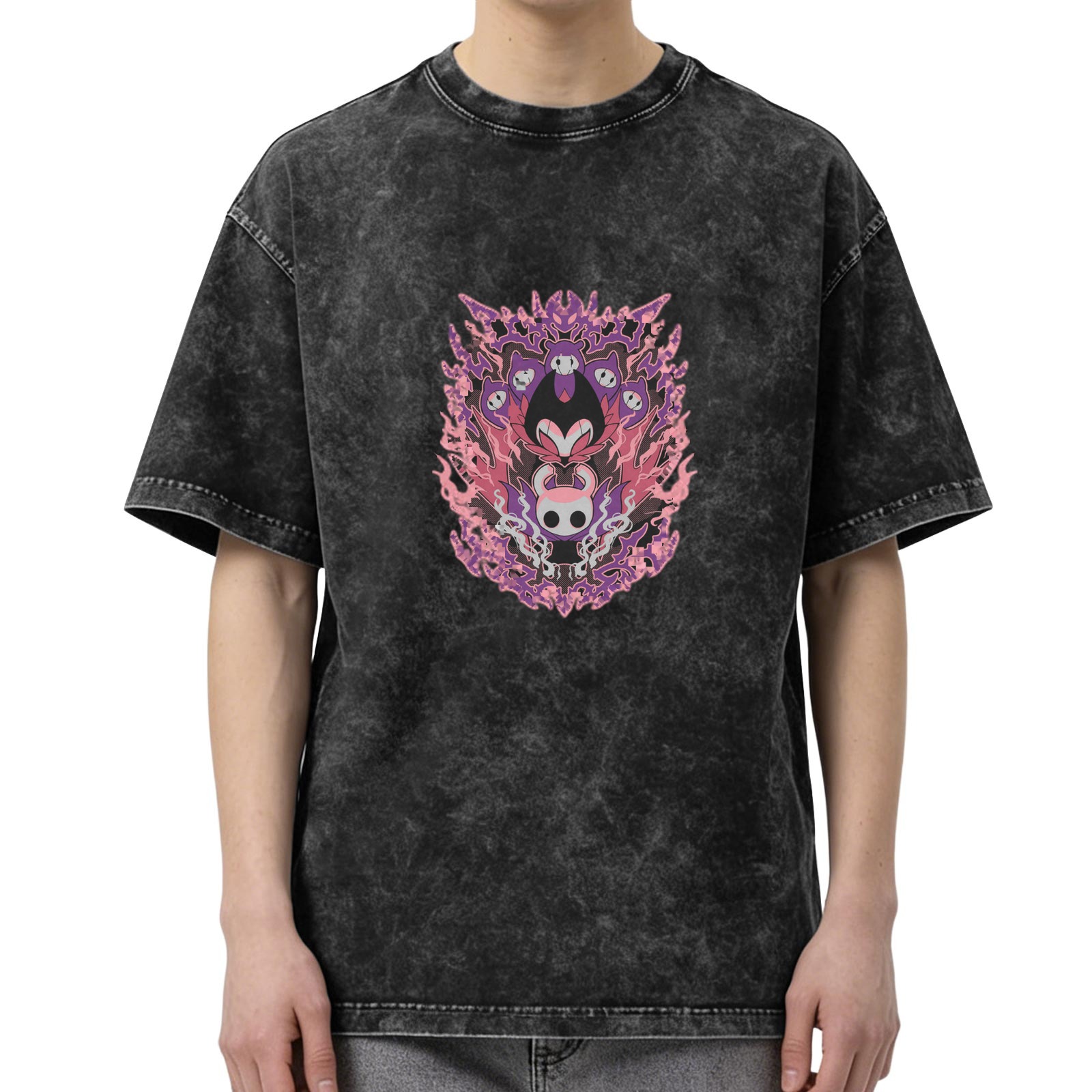 Oversized Washed Black T-shirt with Hollow Knight Themed Purple Pink Graphic Print