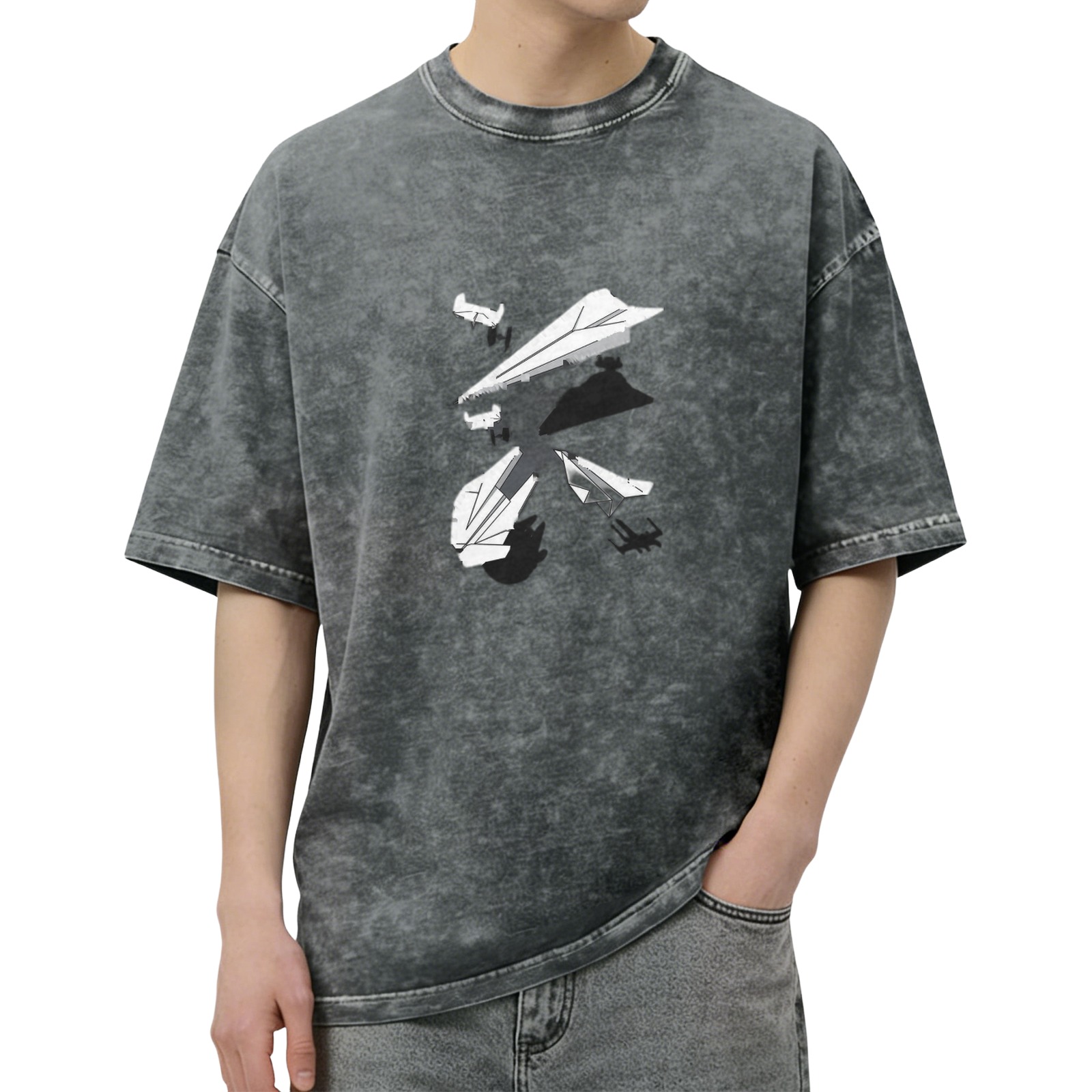 Oversized Acid Wash T-Shirt with Broken Paper Plane Graphic Print