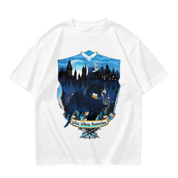 Olive t-shirt with Ravenclaw house crest night castle design