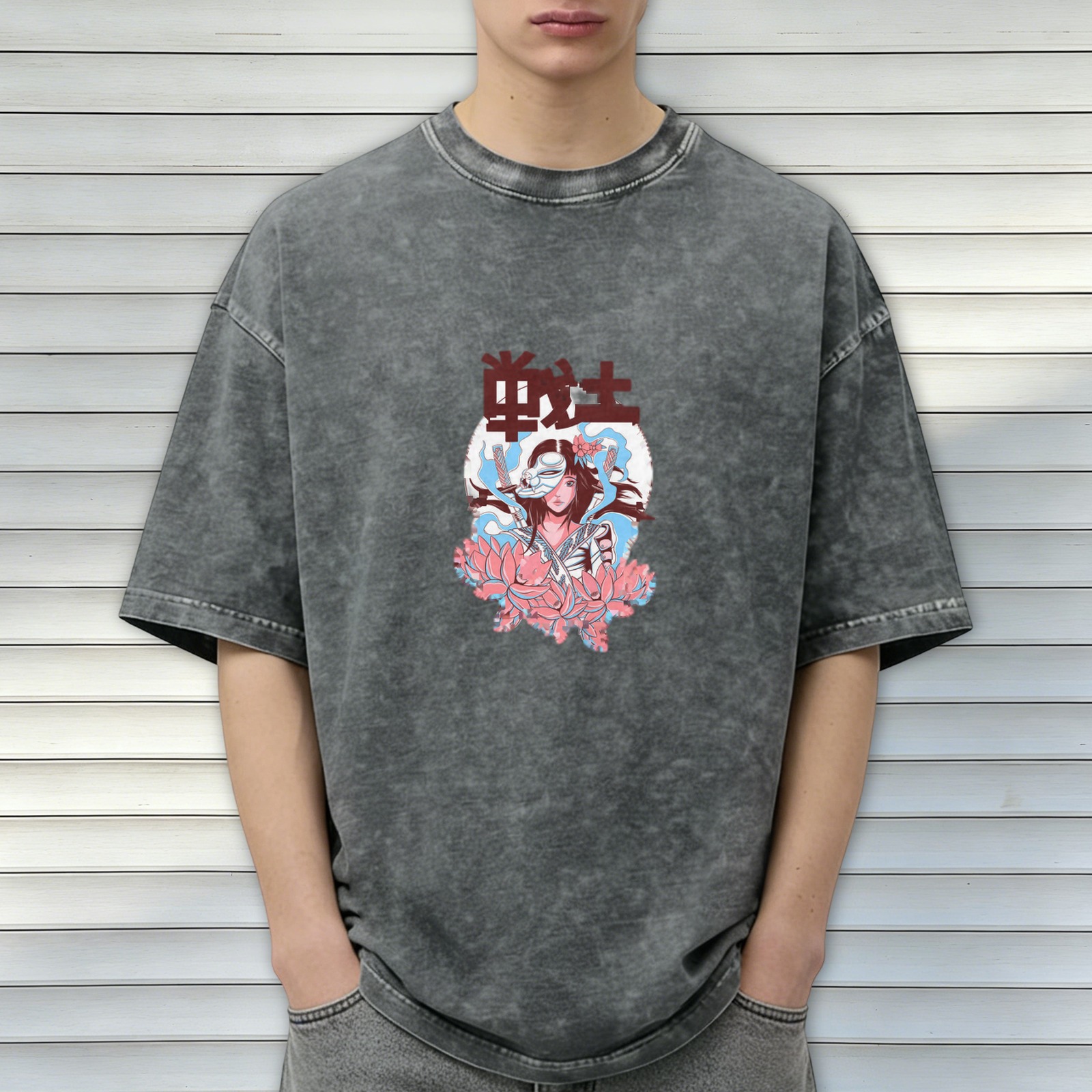 Oversized dark washed t-shirt with anime warrior girl and lotus print