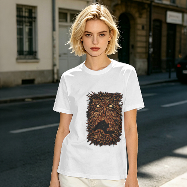 Olive Green T-Shirt with Spooky Tree Monster Face Print