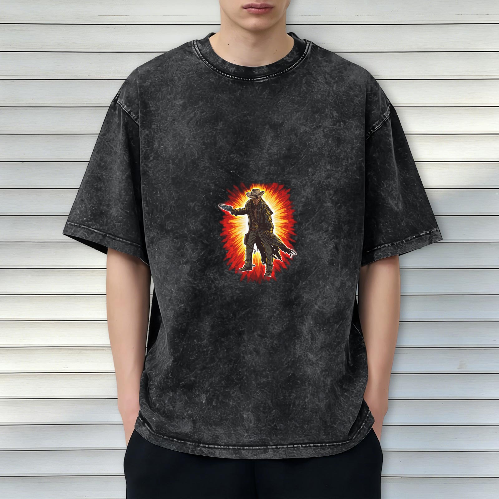 Oversized Dark Wash T-Shirt With Western Gunslinger Explosion Graphic