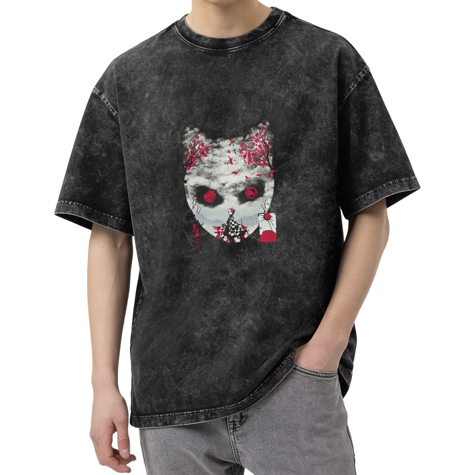Oversized Vintage Wash Anime Graphic T-Shirt - Japanese Demon Mask & Cherry Blossom Design