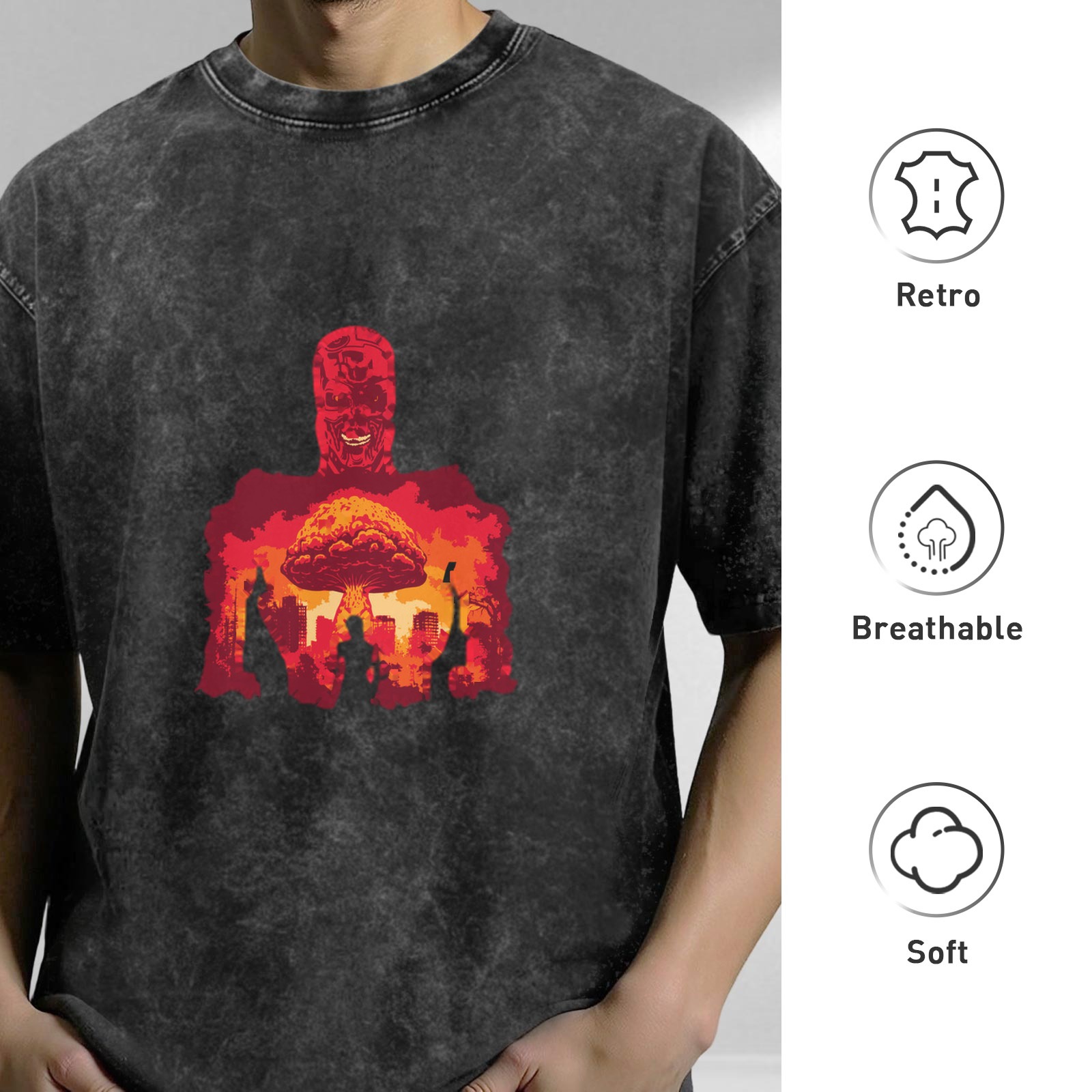 Oversized Acid Wash T-Shirt with Nuclear Explosion Skull Art