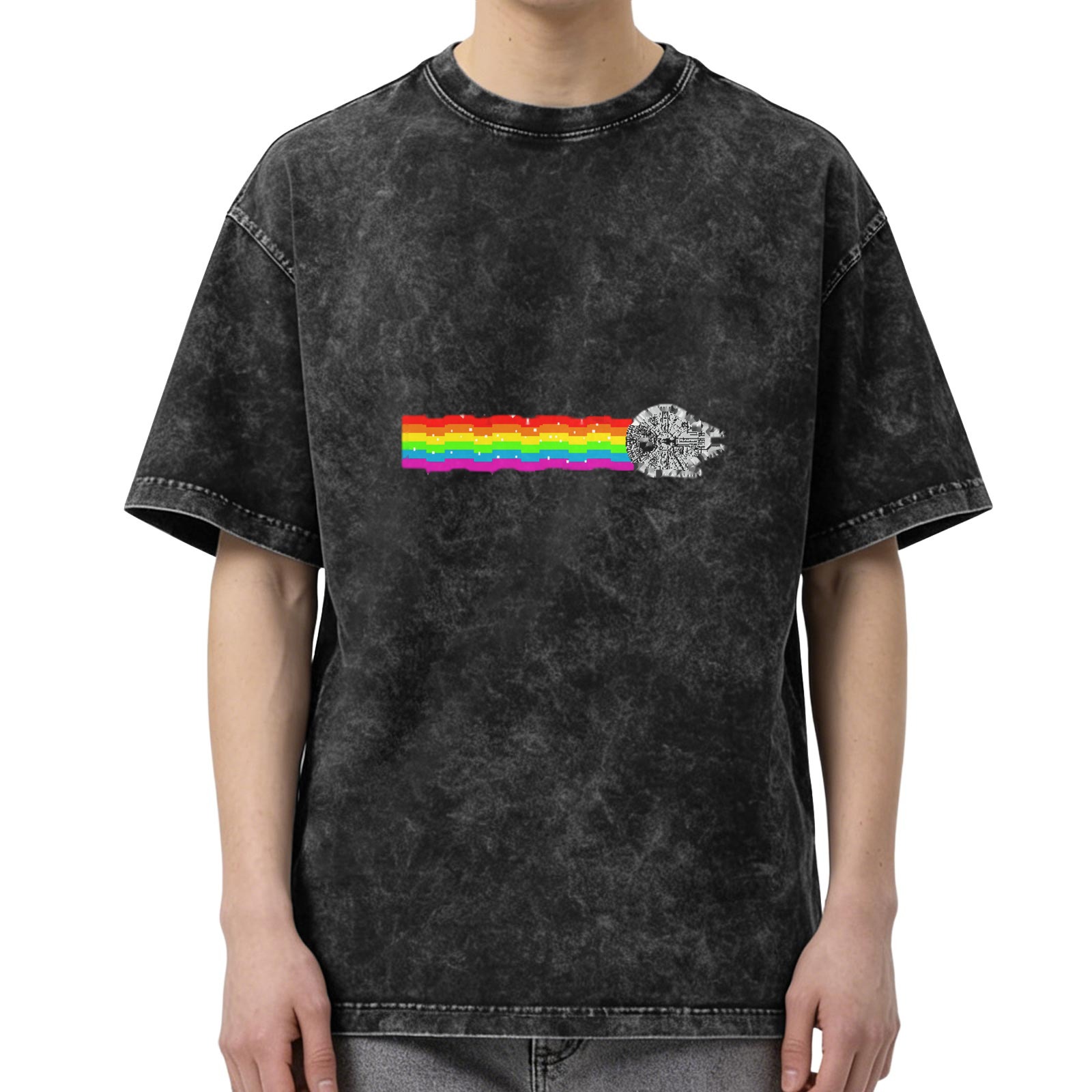 Oversized Acid Wash T-Shirt With Rainbow Space Ship Graphic