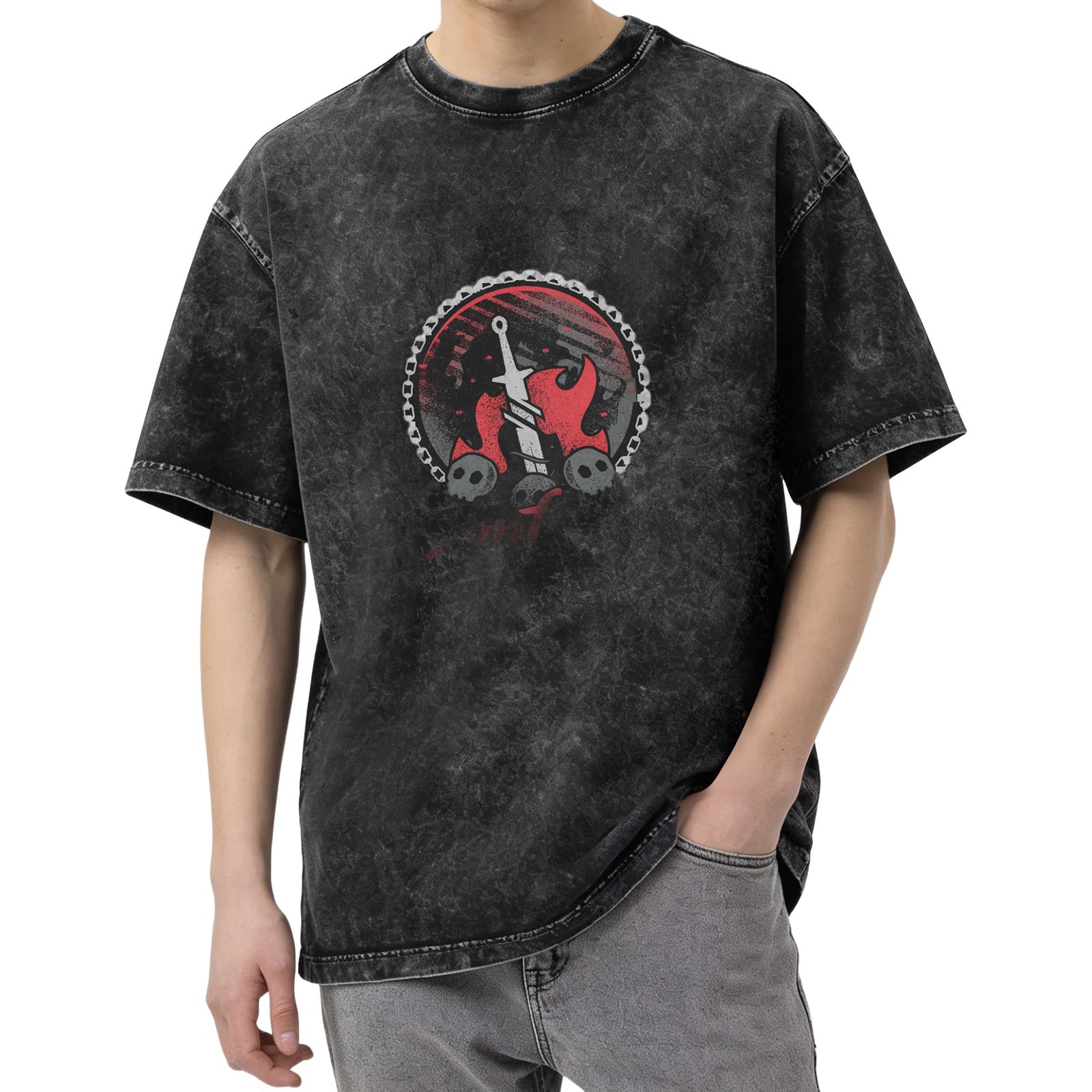 Oversized Acid Wash T-Shirt With Gothic Sword Skull Flame Graphic
