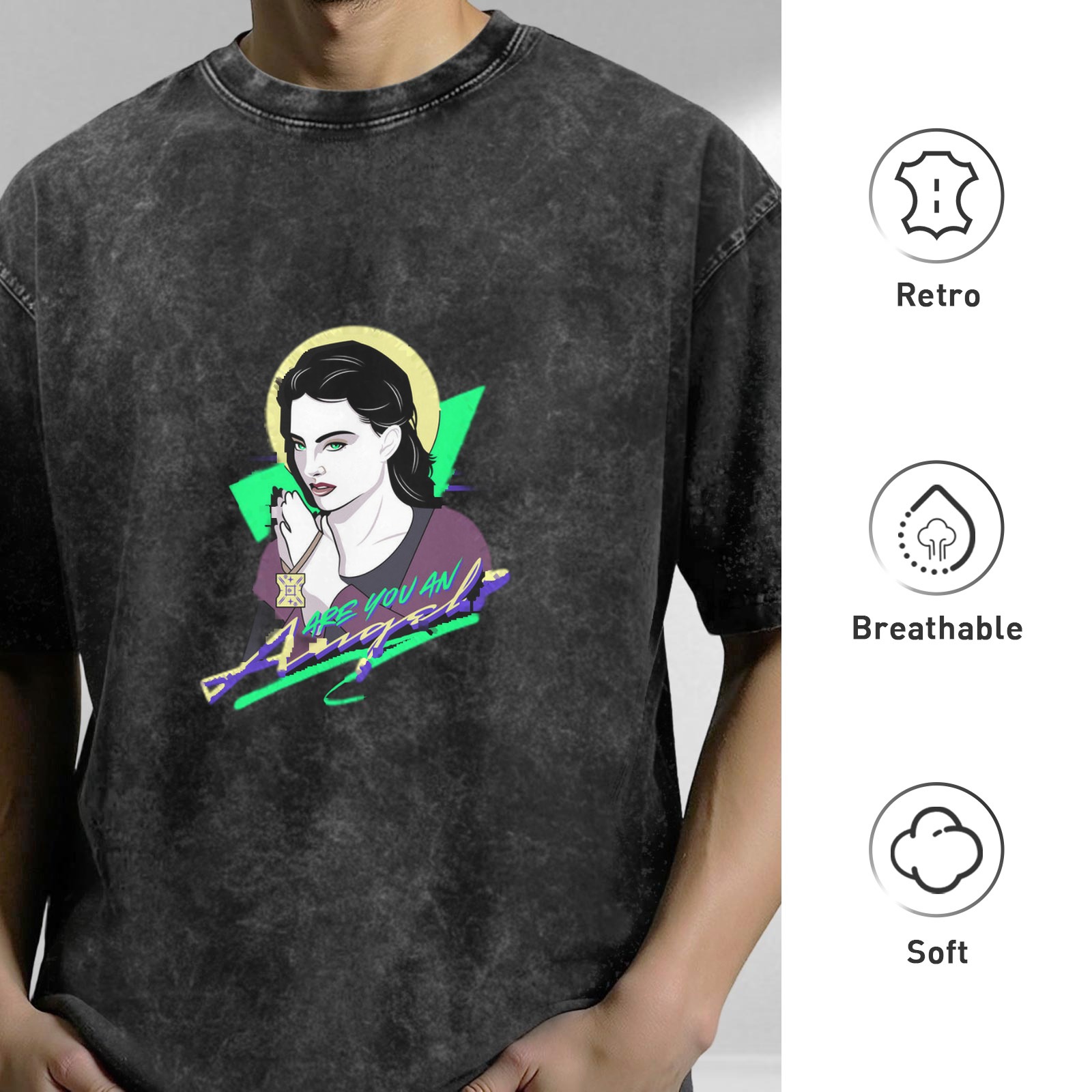 Oversized Dark Wash T-Shirt with Retro Angel Graphic Print