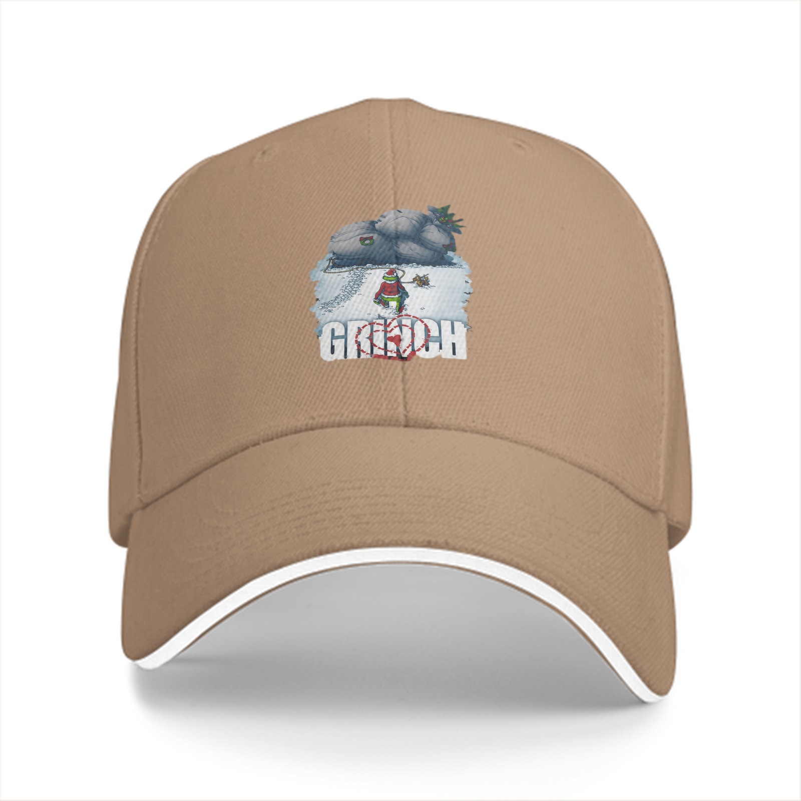 Black Baseball Cap With Grinch Winter Sleigh Graphic Design