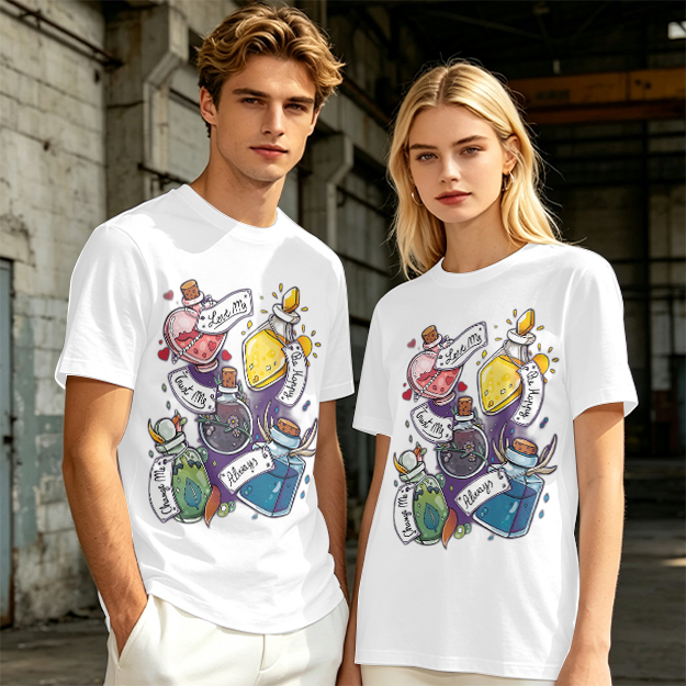 Olive T-Shirt With Magical Potion Bottles Graphic Design
