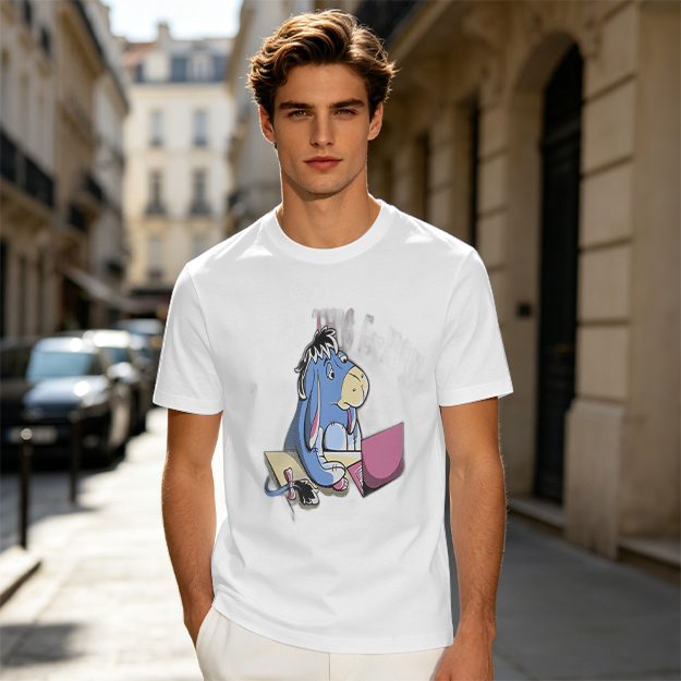 Olive T-Shirt Featuring Eeyore Using a Laptop