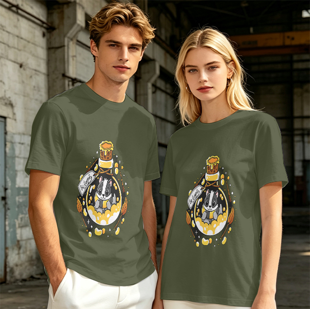 Olive T-Shirt With Cute Badger In Potion Bottle Graphic