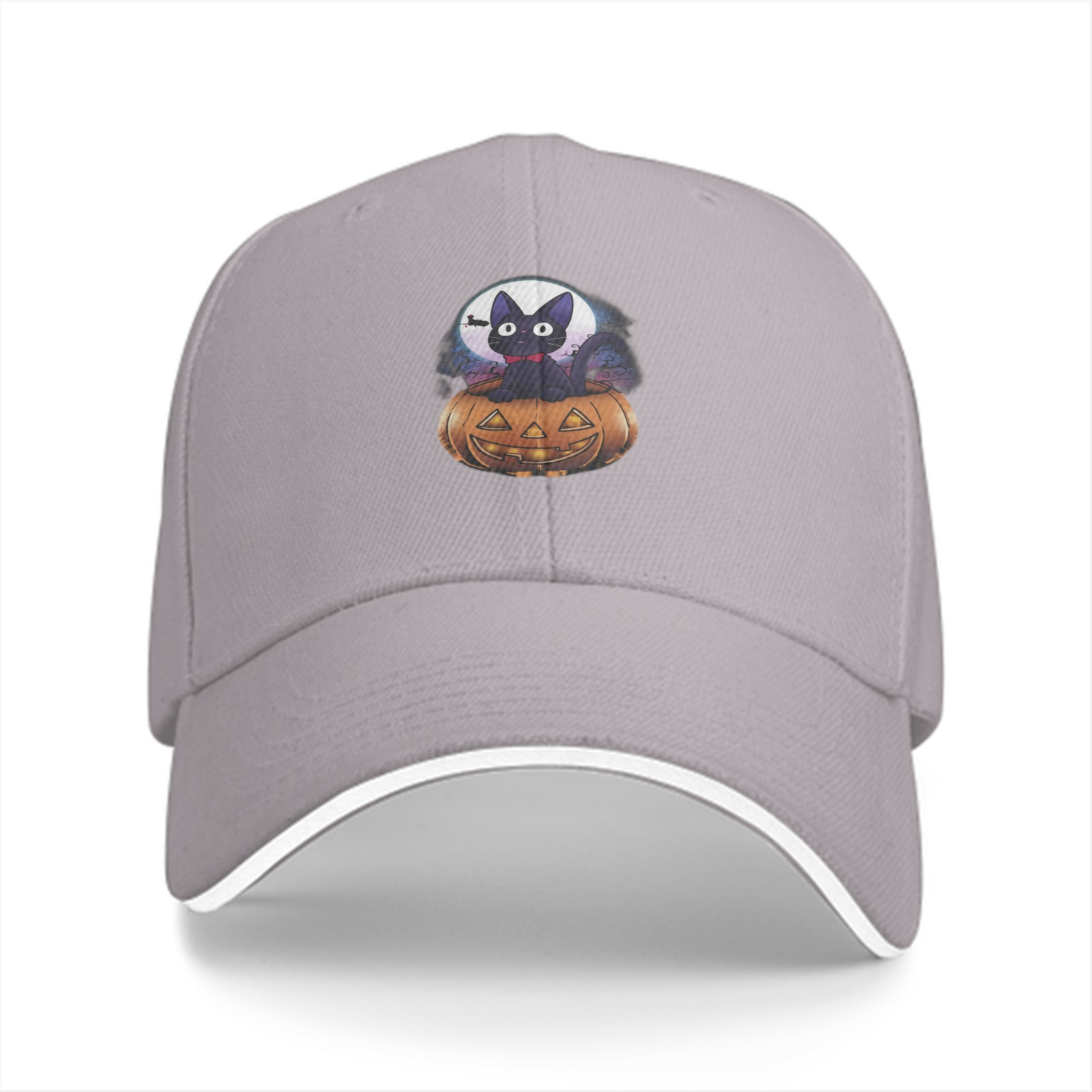 Black Baseball Cap With Halloween Black Cat Jack-o'-lantern Print