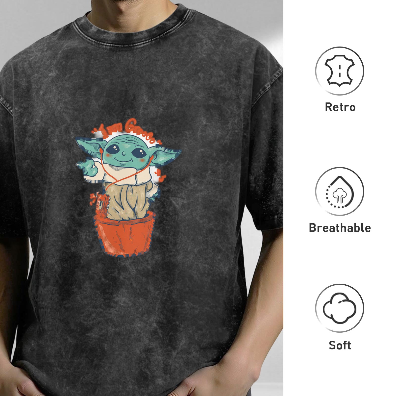 Baby Yoda Christmas Graphic Dark Wash T-Shirt