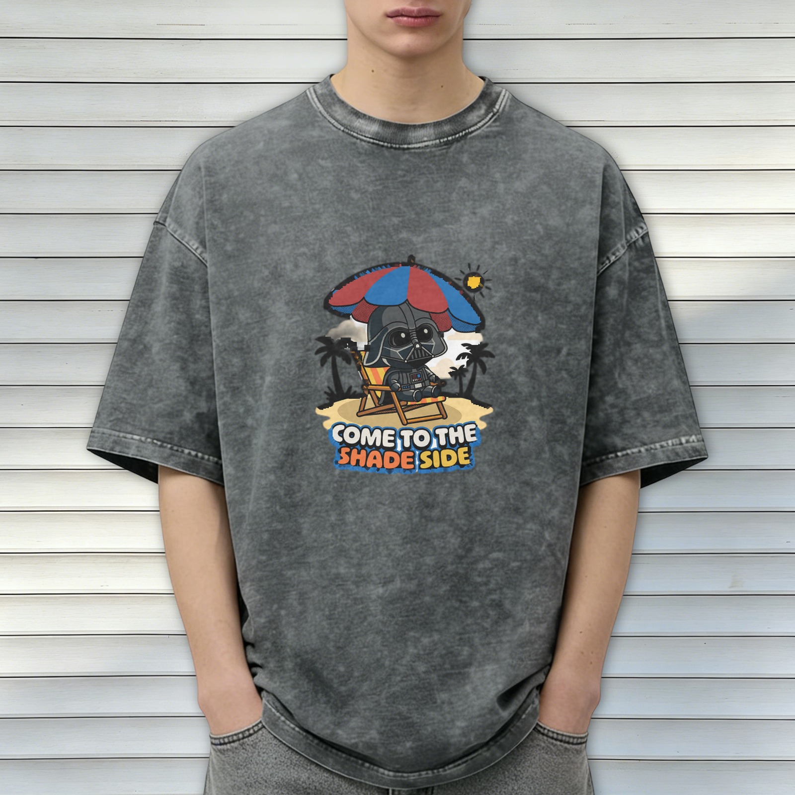 Washed Black T-Shirt with Cute Darth Vader Beach Shade Side Graphic