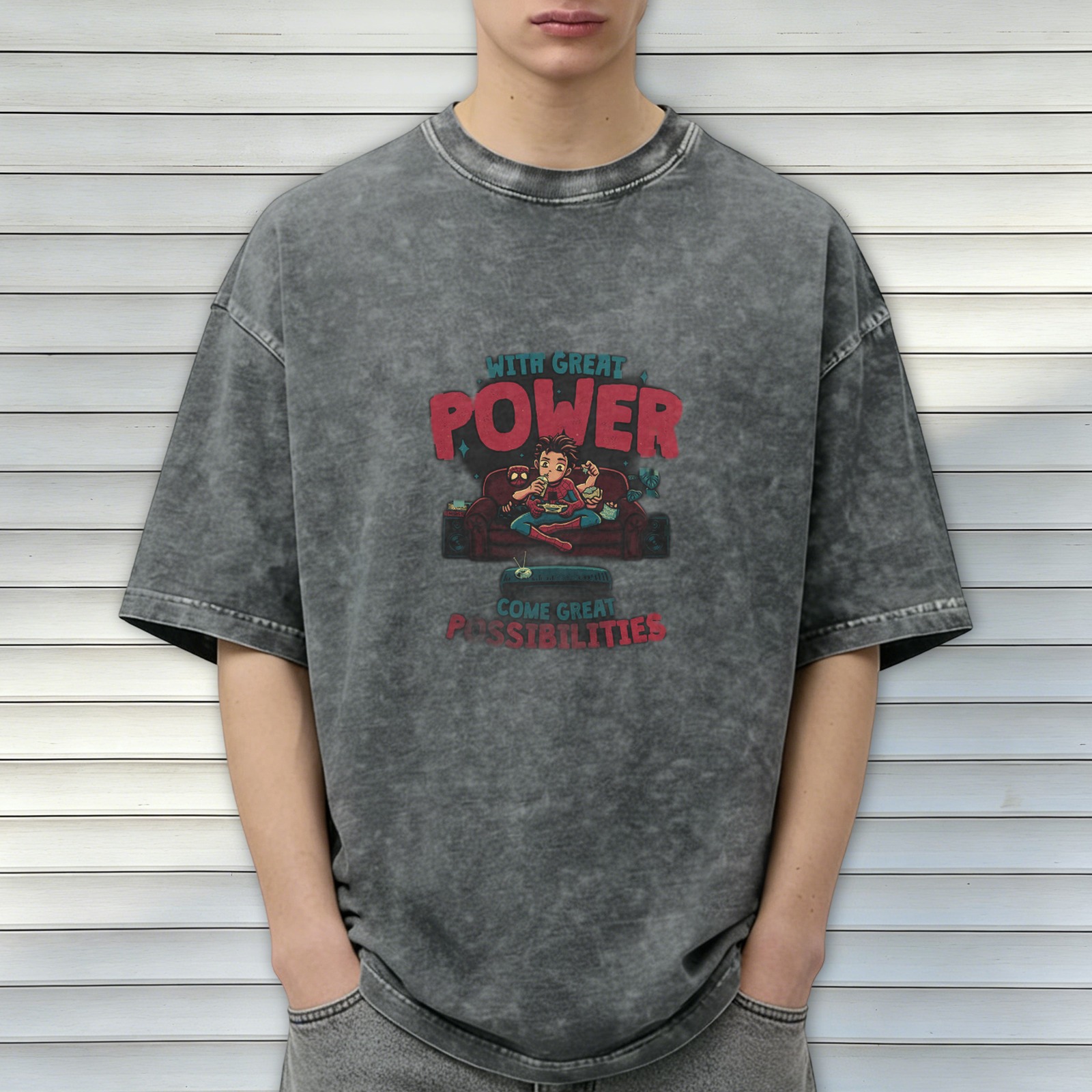 Washed Black Graphic T-Shirt With Spider-Man 'With Great Power' Design