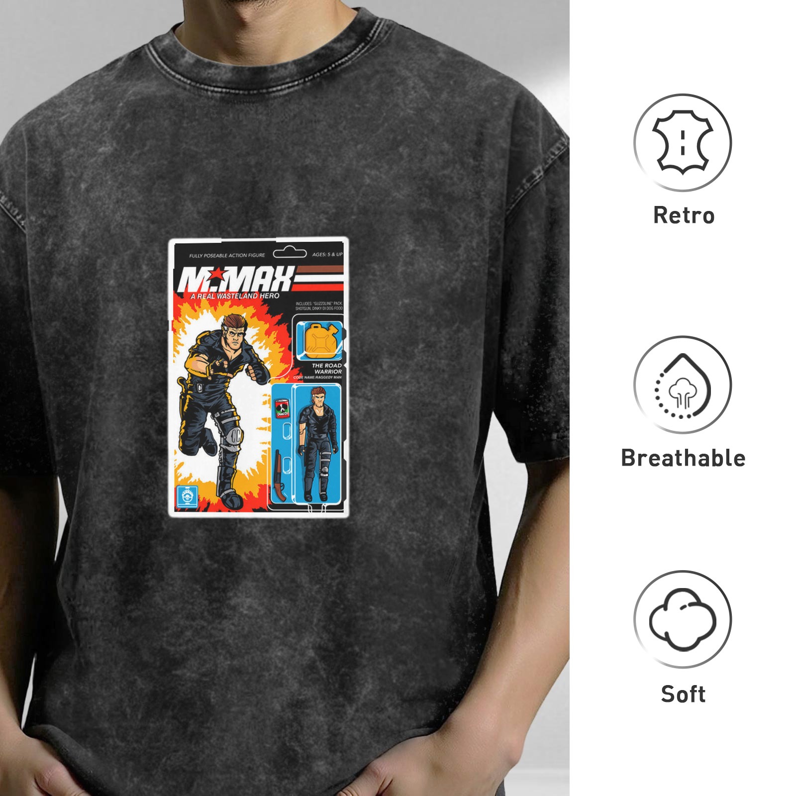 Washed Black T-Shirt with Retro Mr. Max Action Figure Graphic
