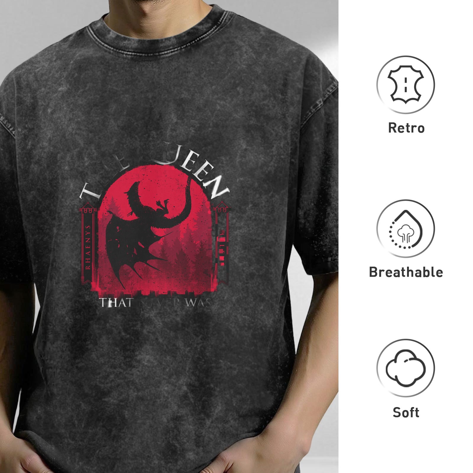 Washed Black Graphic T-Shirt With Dragon And Queen Text Print