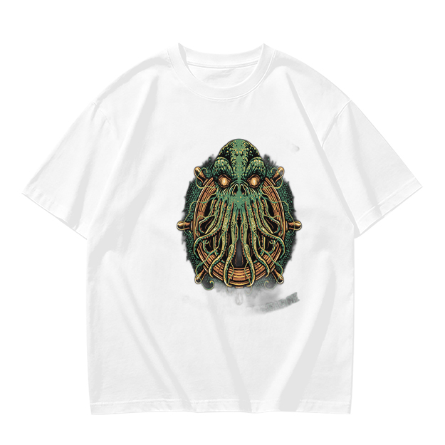 Olive Green T-Shirt With Cthulhu Ship Wheel Graphic