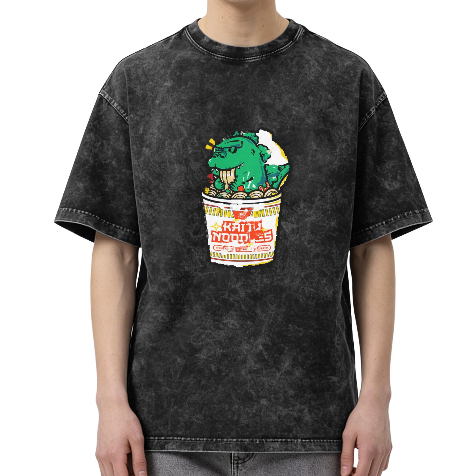 Washed Black T-Shirt with Kaiju Noodles Cup Monster Graphic