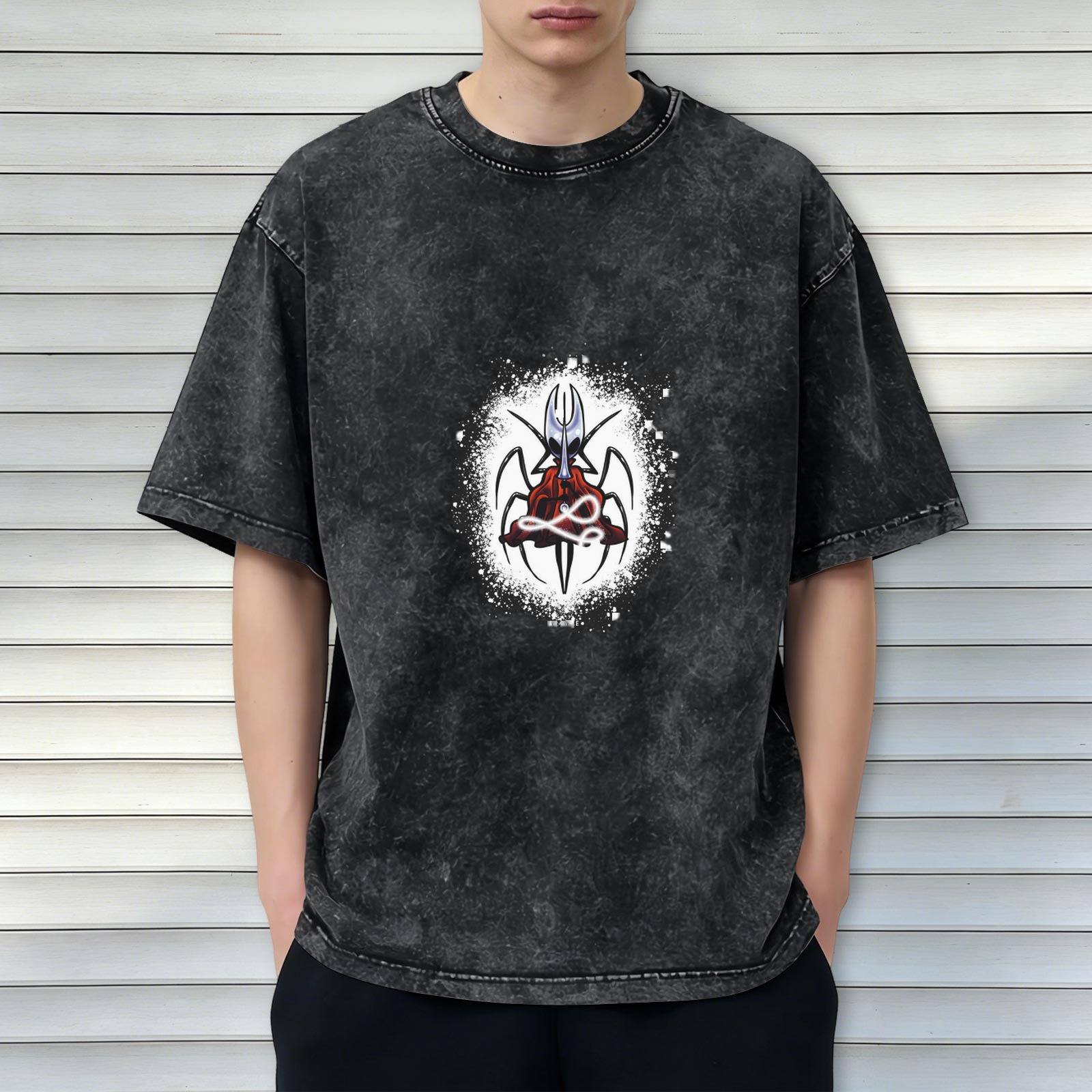 Oversized Acid Wash T-Shirt With Spider-Inspired Graphic Print