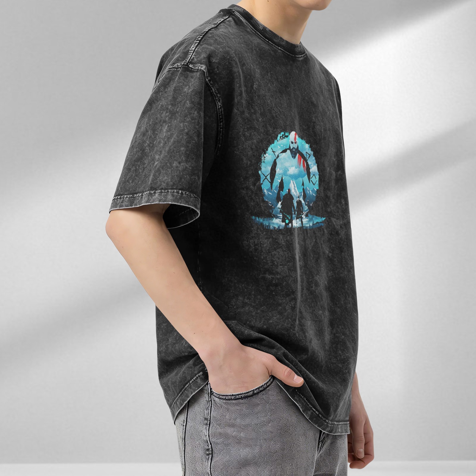 God of War Kratos & Atreus Graphic Print Stone Wash Oversized T-shirt