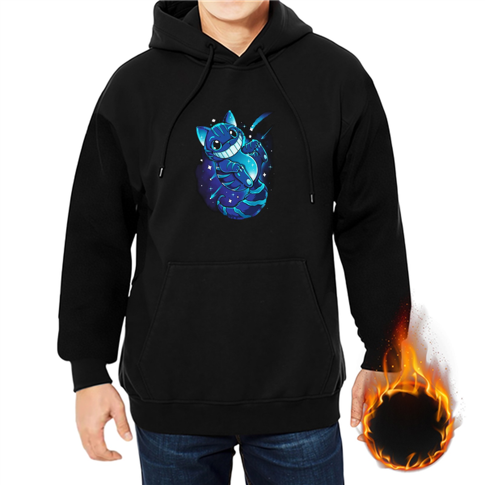Black hoodie with glowing blue cheshire cat graphic