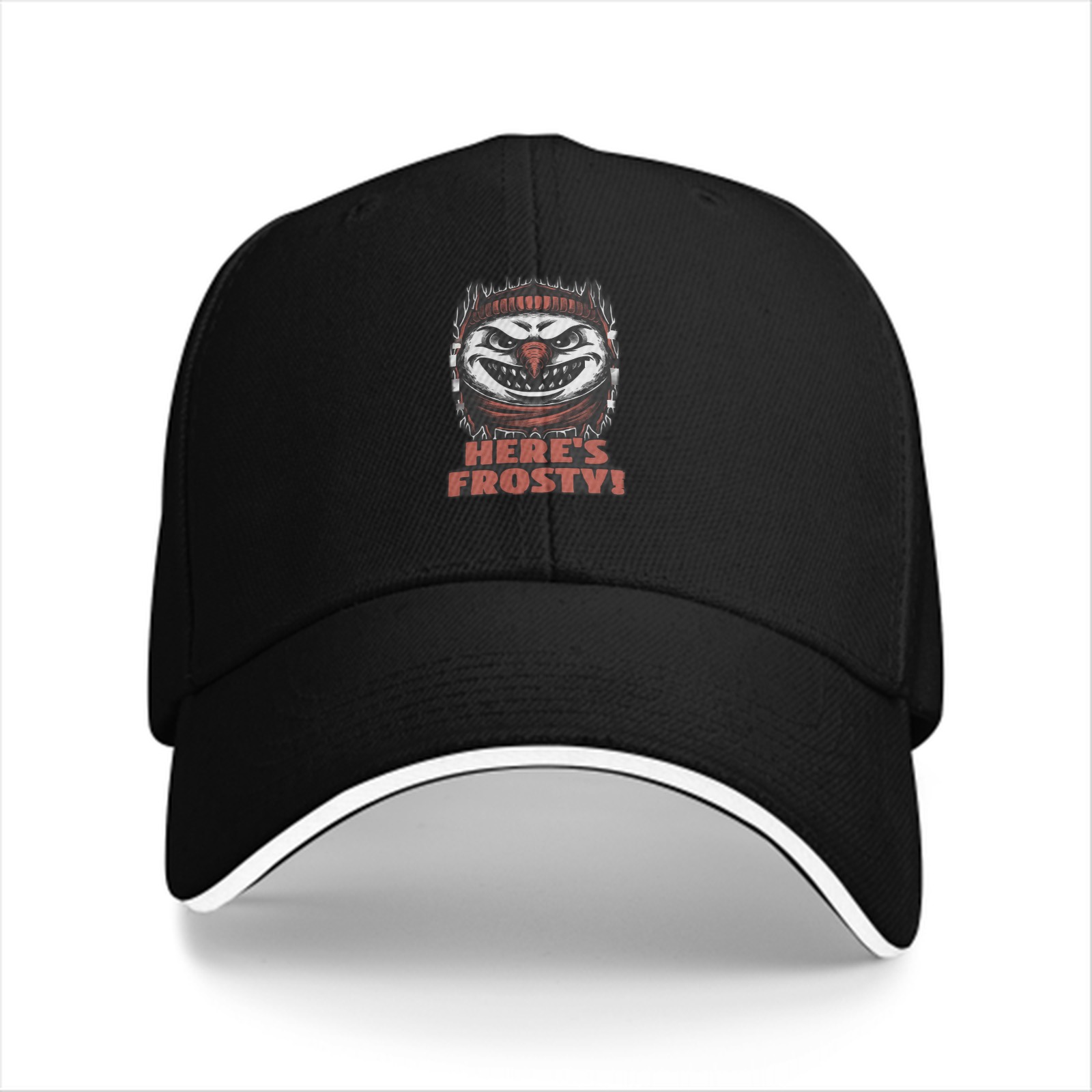 Black baseball cap with evil snowman 'Here's Frosty!' graphic