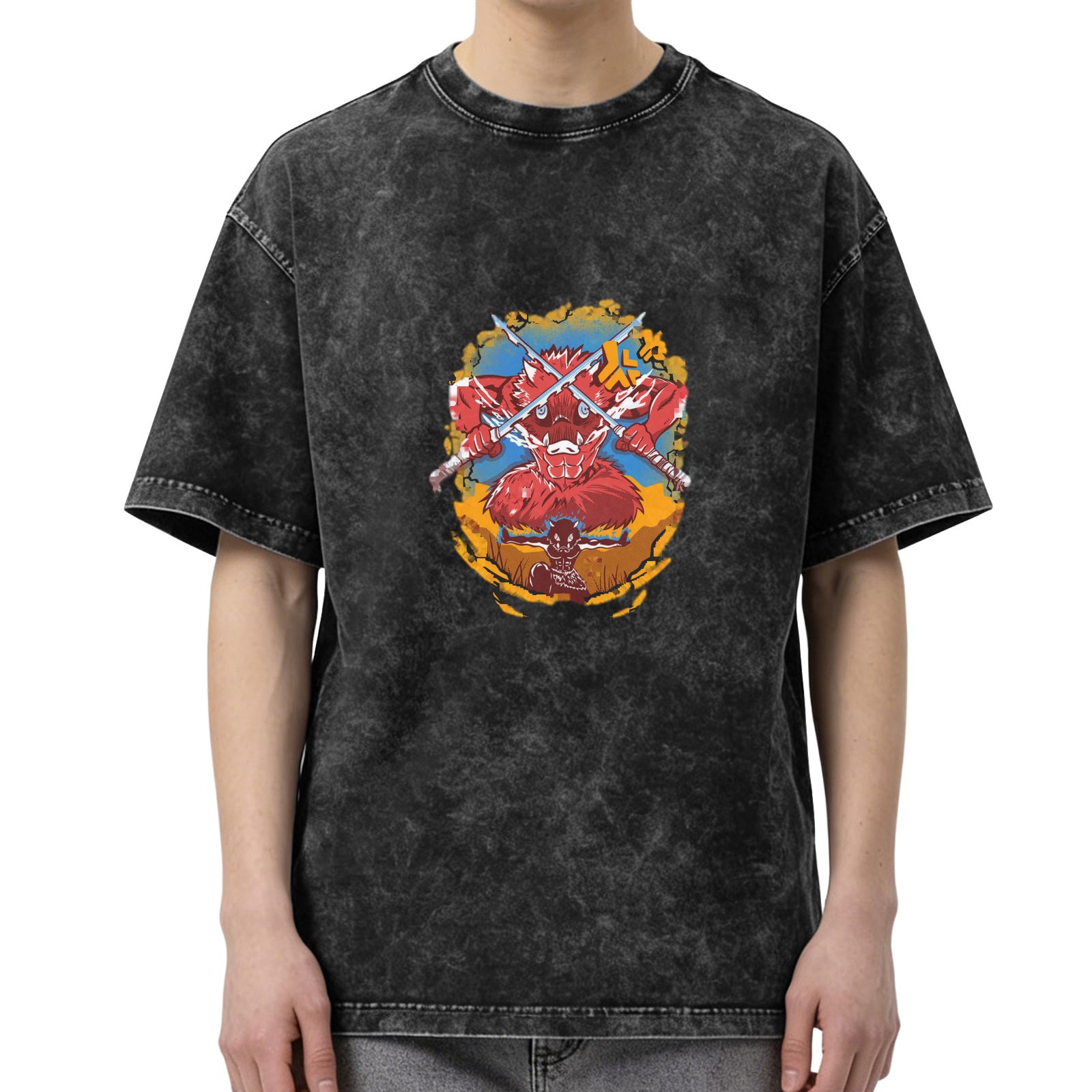 Oversized Acid Wash T-Shirt With Anime Demon Slayer Graphic Print