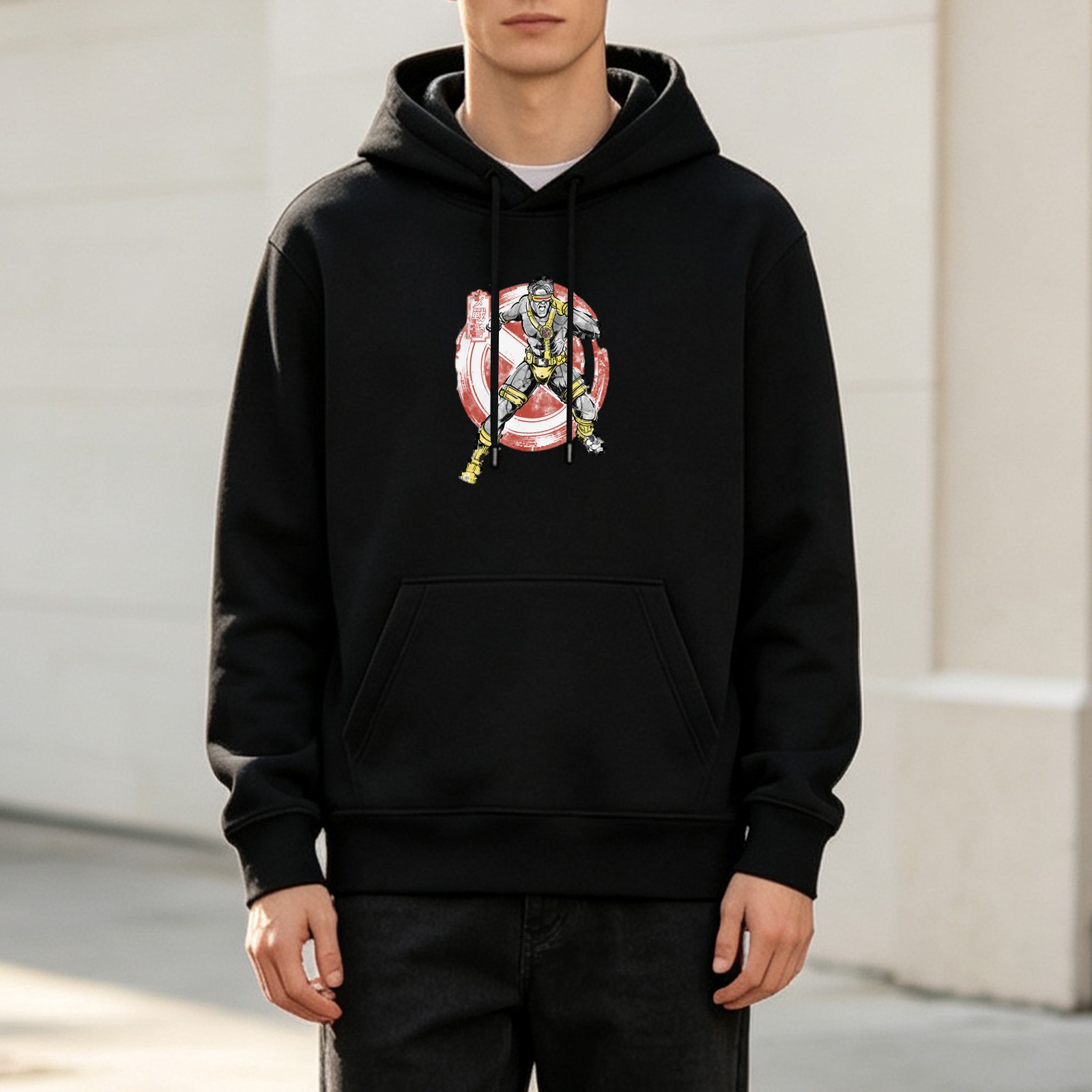 Black hoodie with armored superhero character graphic print