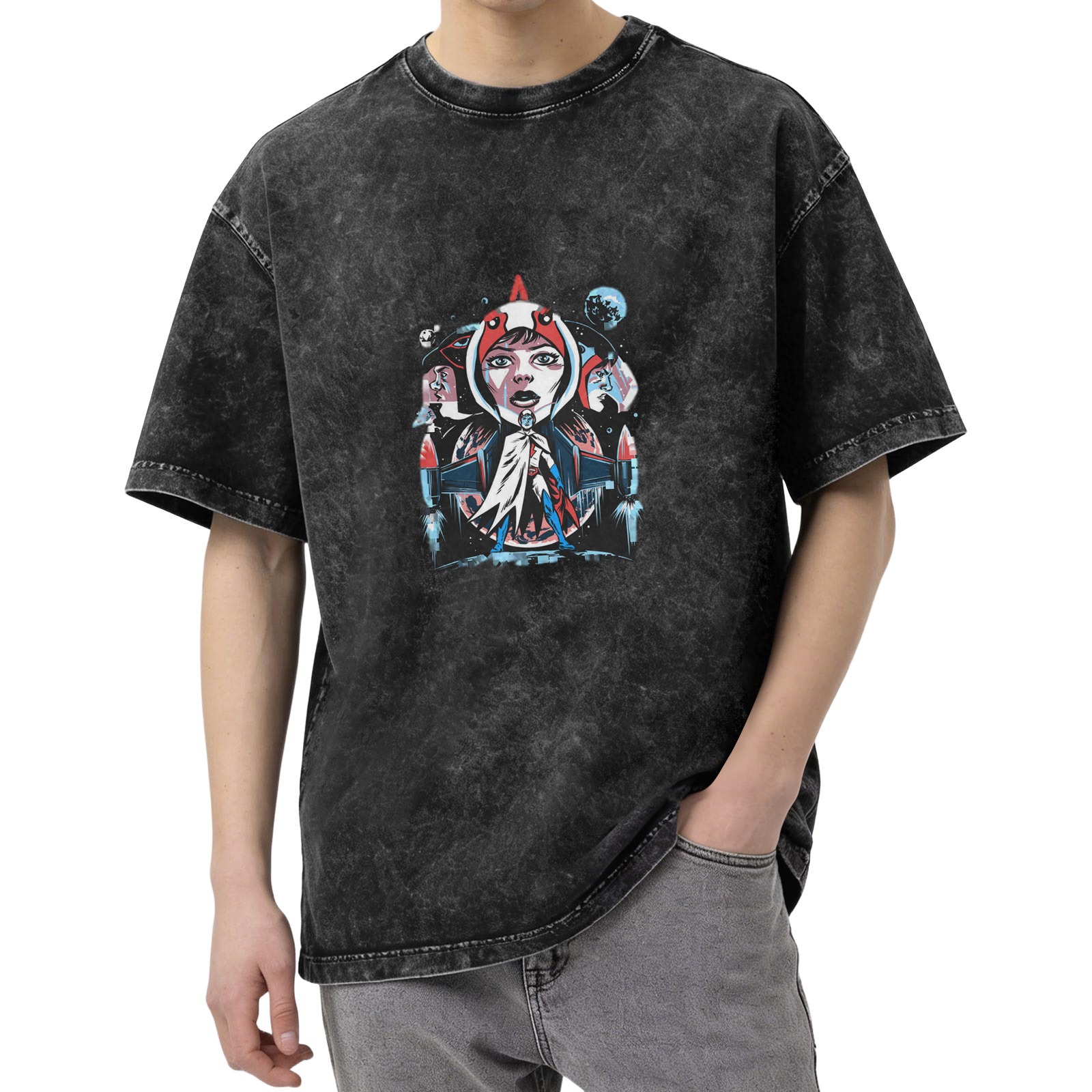 Washed Black Oversized T-Shirt with Retro Space Anime Graphic Print