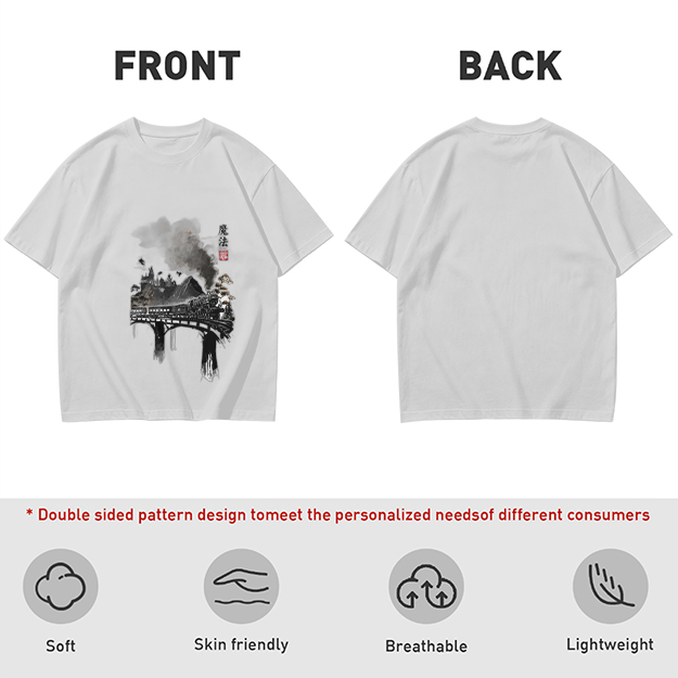 Olive green t-shirt with ink-style piano and landscape graphic