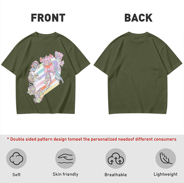 Olive Green T-Shirt With Pastel Whimsical Character Art Print