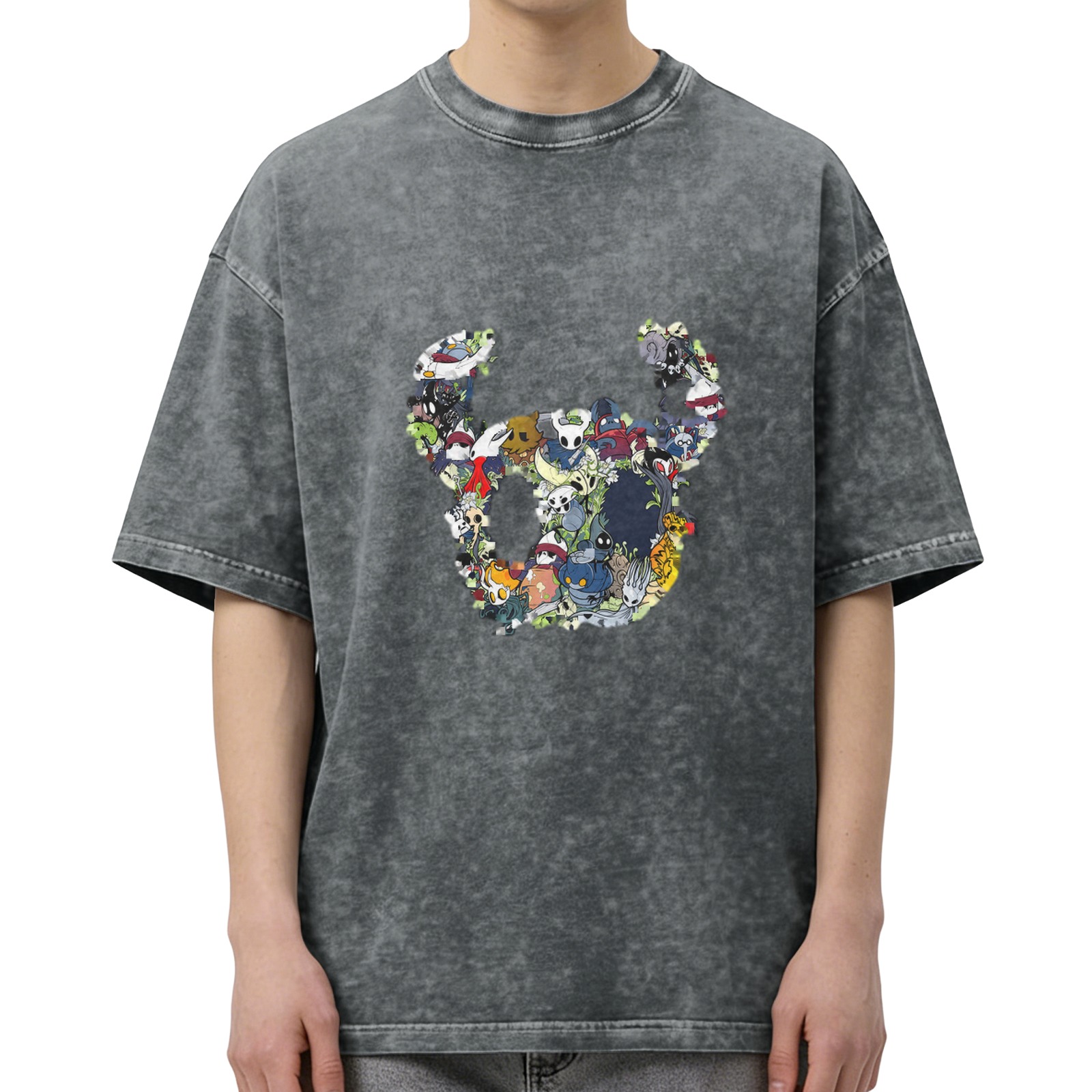 Oversized Washed Black T-Shirt With Hollow Knight Character Collage Graphic