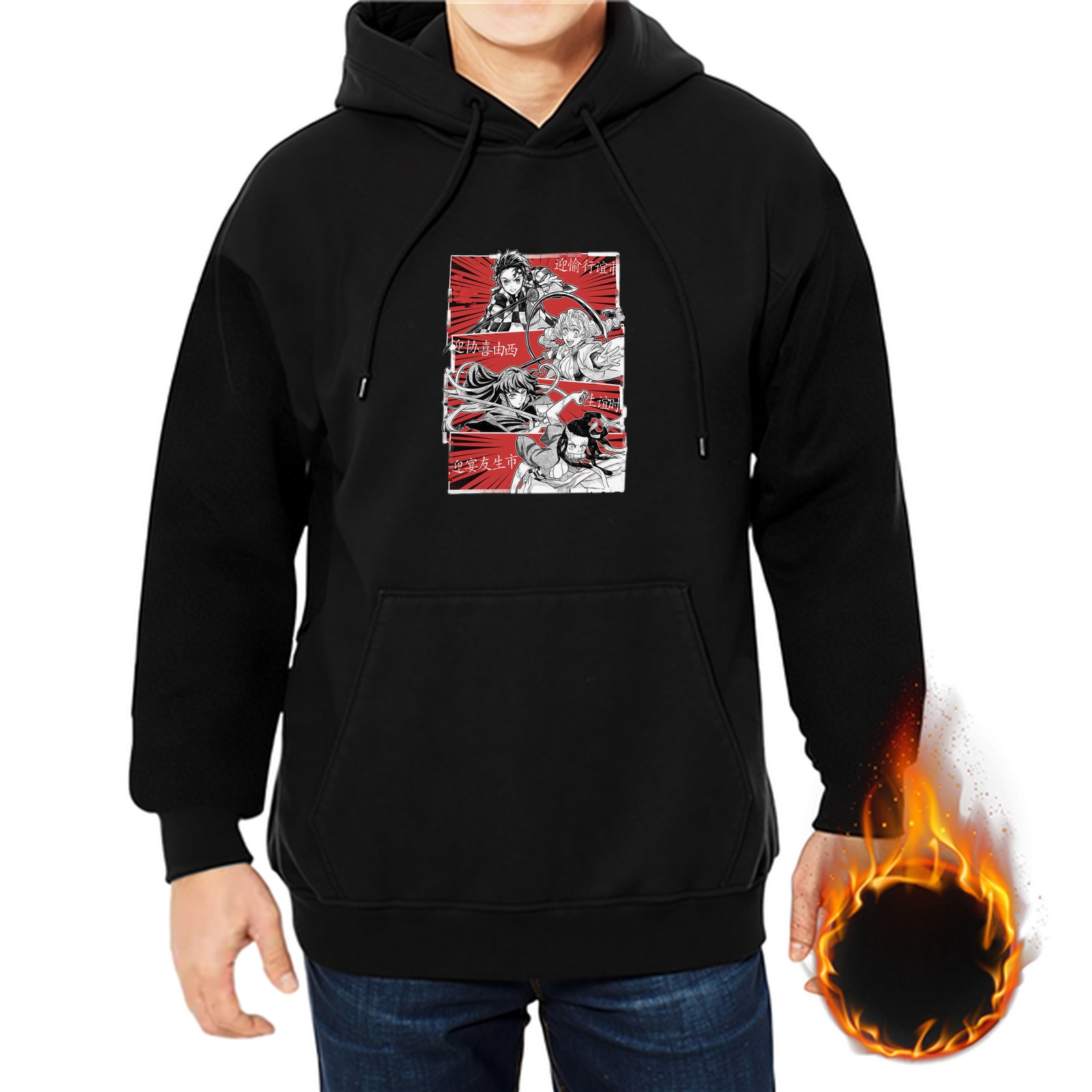Black anime graphic hoodie with manga-style character print