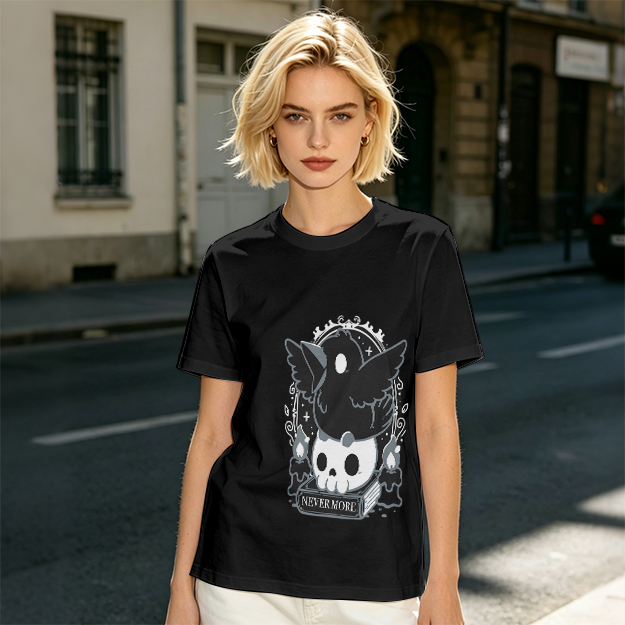 Olive Graphic T-Shirt With Raven Skull Nevermore Print