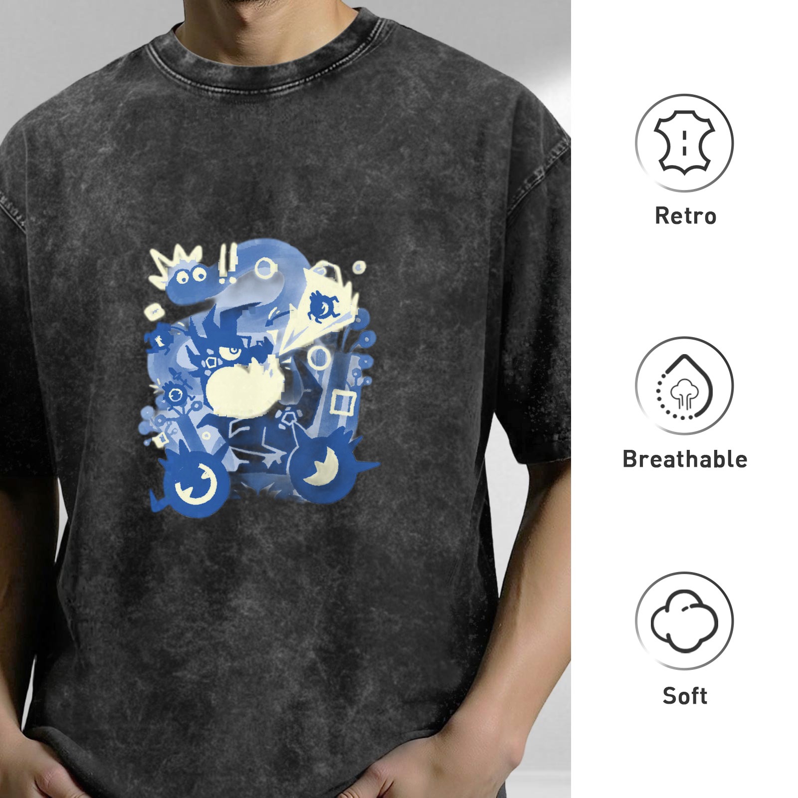 Oversized Washed Black T-Shirt With Blue Whimsical Graphic Print