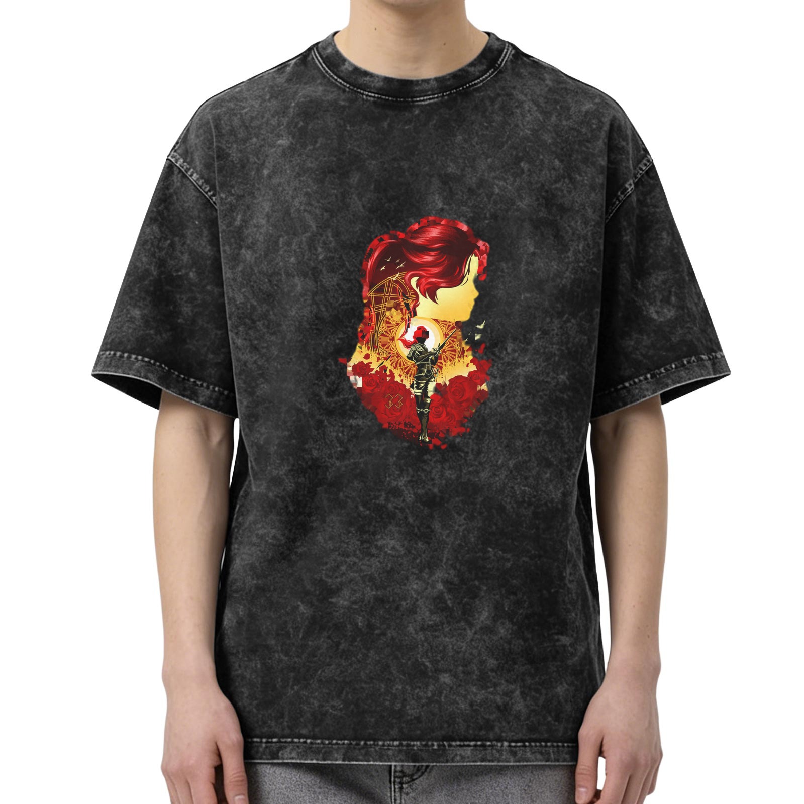 Washed black graphic t-shirt with red haired female silhouette print