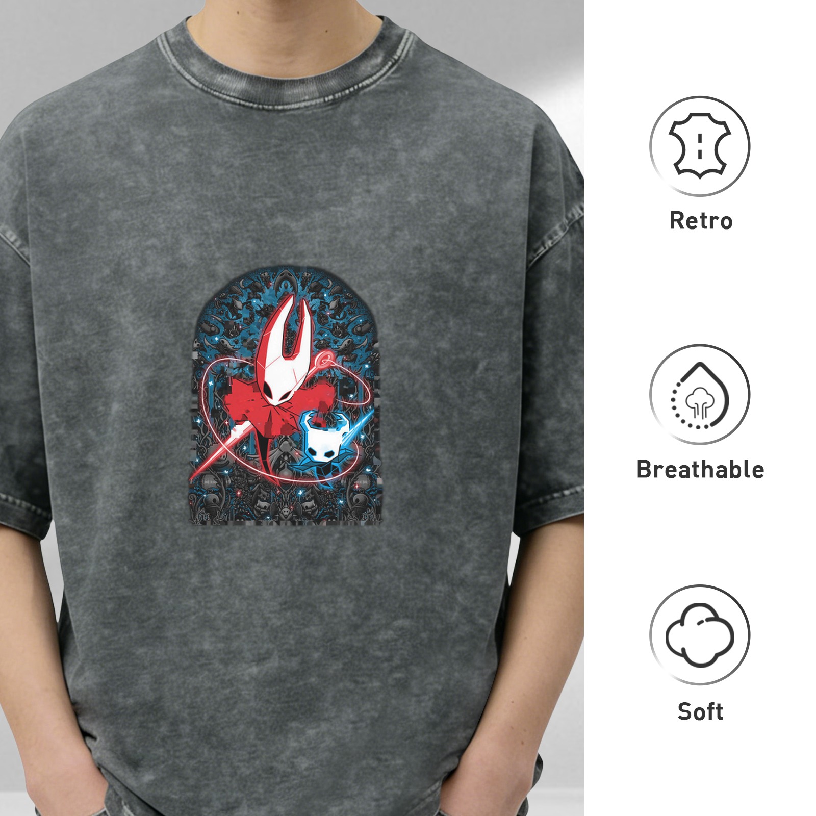 Hollow Knight Themed Dark Wash Graphic T-Shirt