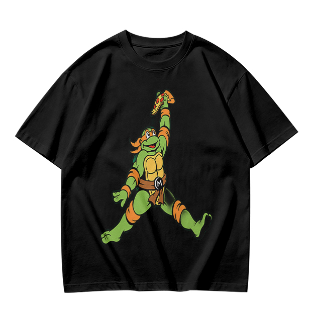 Olive T-Shirt with Michelangelo Ninja Turtle Holding Pizza Print