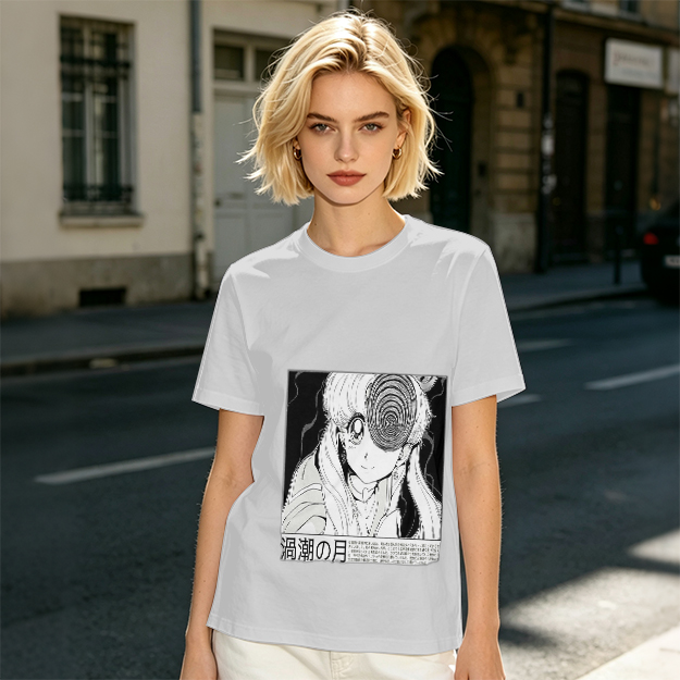 Olive anime graphic t-shirt with spiral eye design