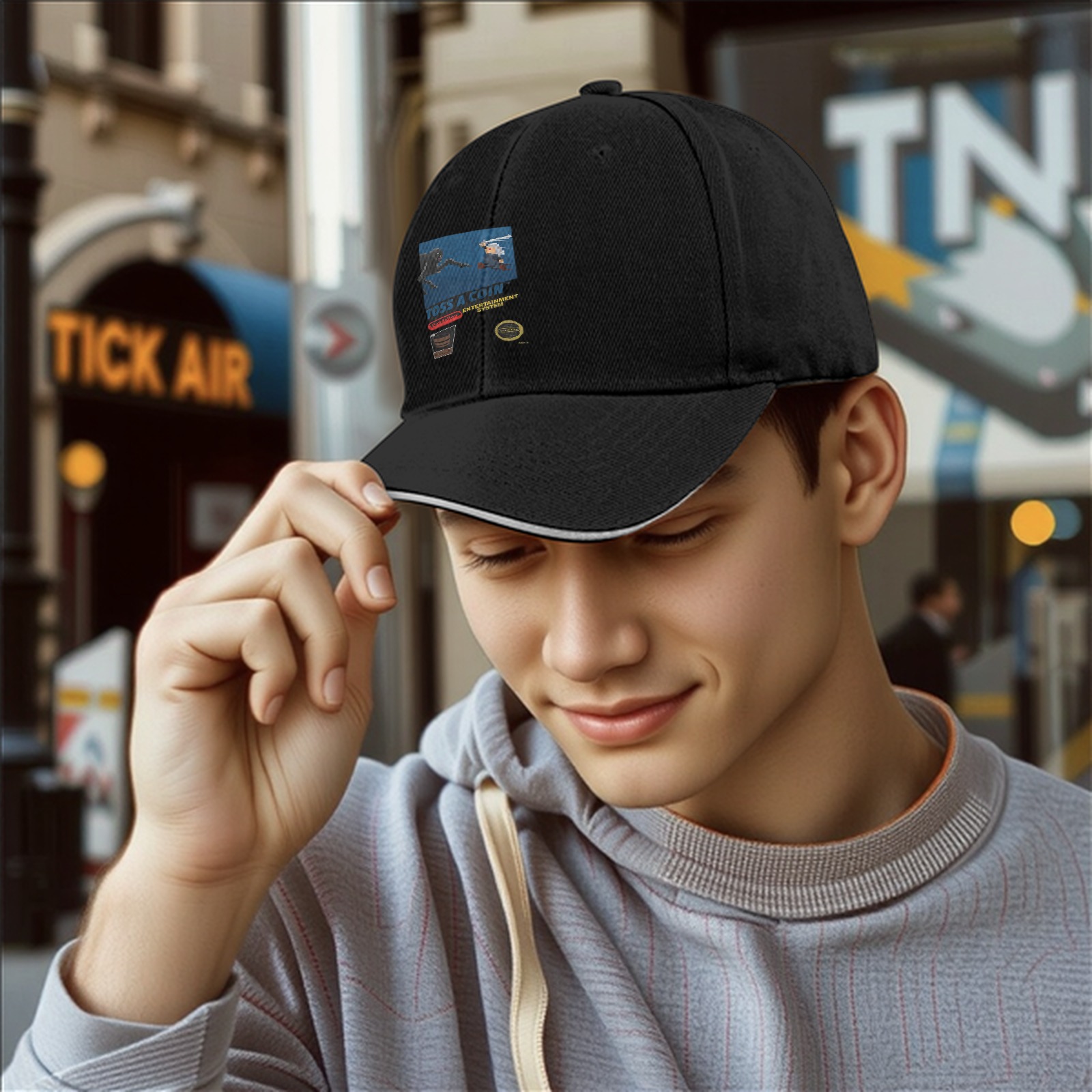 Black baseball cap with retro gaming themed graphic print