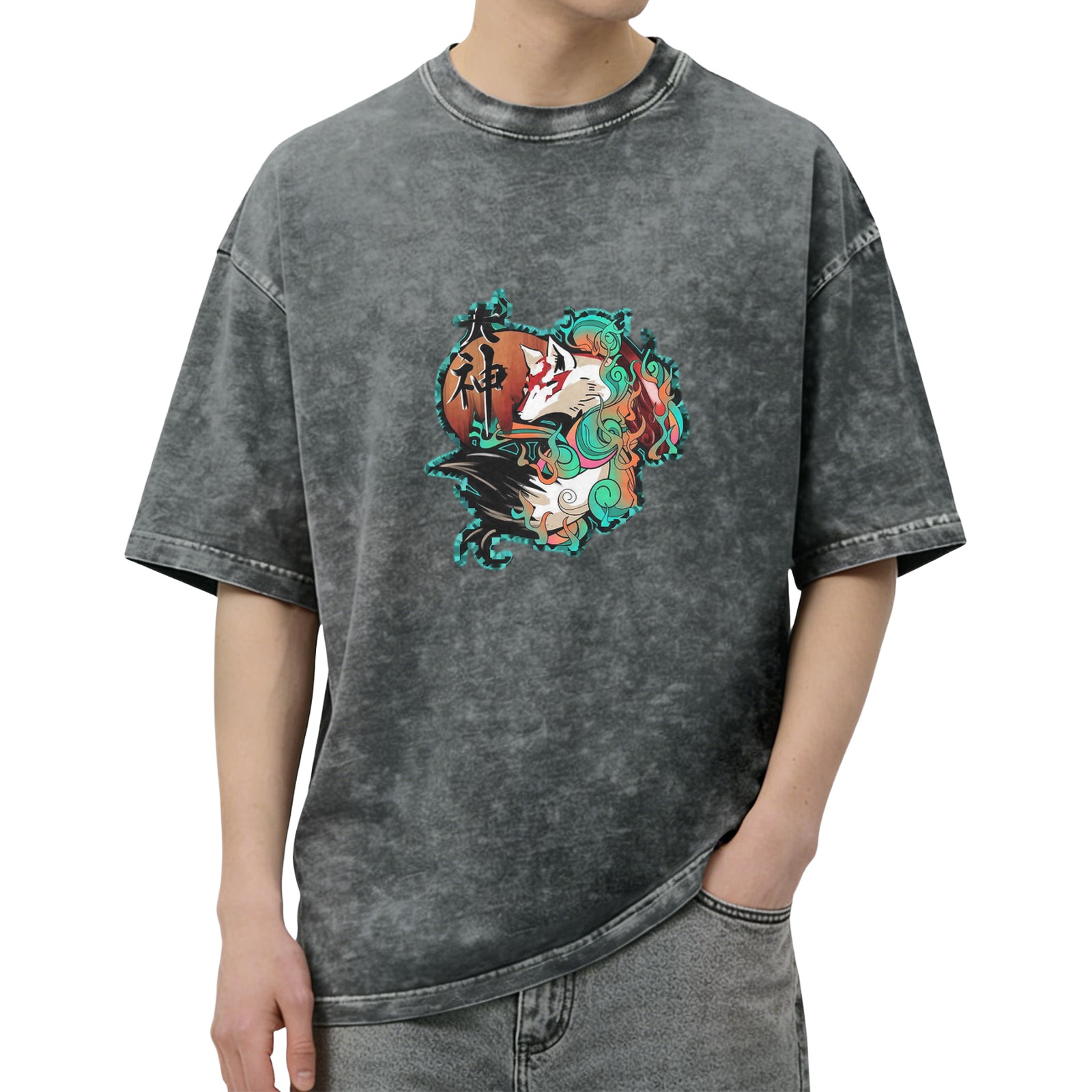 Retro washed black anime style wolf print short sleeve T-shirt