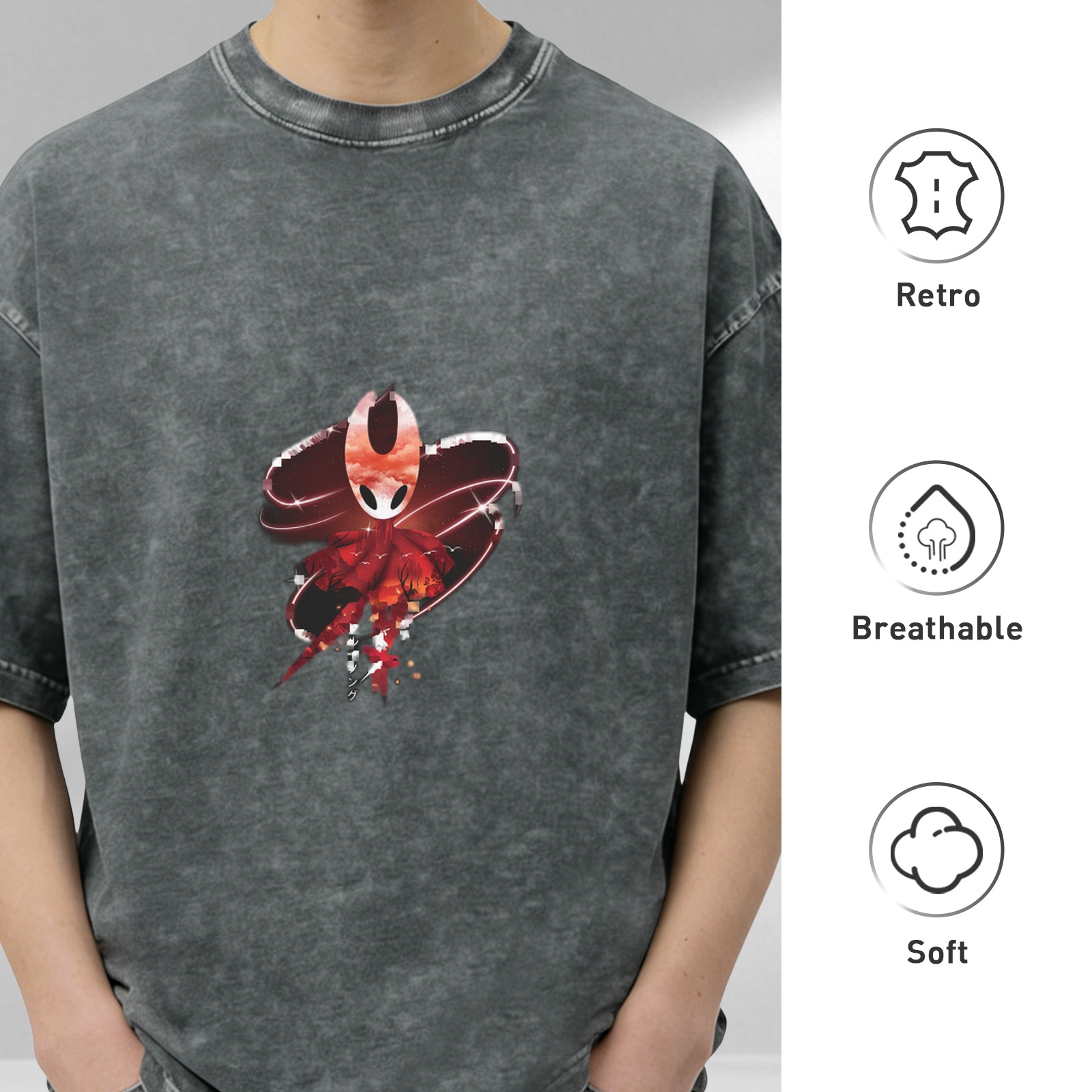 Oversized Washed Black T-Shirt with Hollow Knight Silksong Hornet Graphic