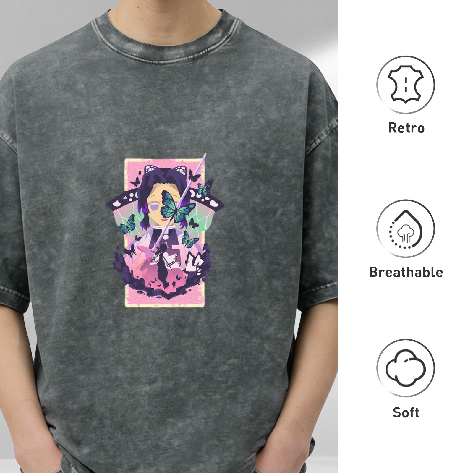 Demon Slayer: Kimetsu no Yaiba Butterfly Ninja themed distressed washed black short-sleeved T-shirt