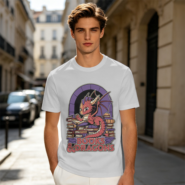 Olive t-shirt with cute red dragon reading books graphic
