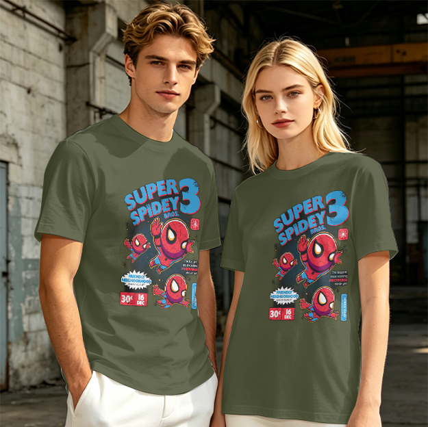 Olive T-shirt with Super Spidey 3 Chibi Spider-Man Graphic