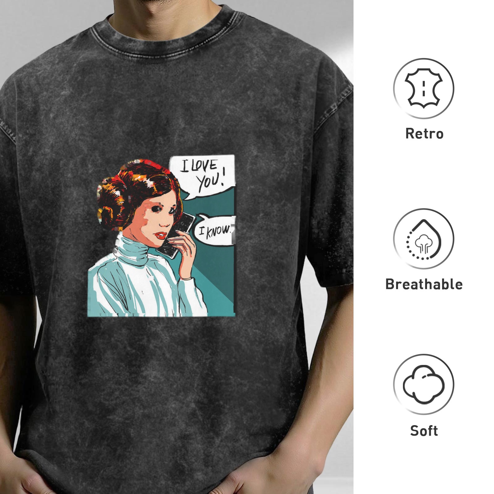 Washed Black T-Shirt with Princess Leia I Love You I Know Artwork
